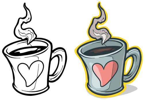 Cartoon cup of fresh hot coffee with pink heart. Vector icon isolated on white background.