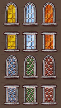 Cartoon vintage different windows with colorful stained glass in a frame on a brick wall. Facade elements for house exterior. Vector icons set.