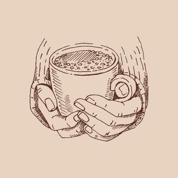 Realistic drawing of beautiful hands holding a mug with a hot beverage. Vector illustration isolated.