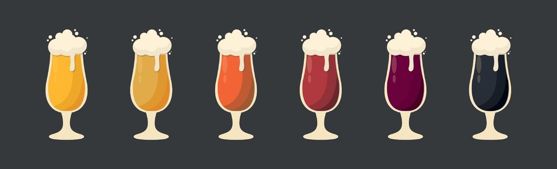 Set of 6 glasses of different types of beer - Vector illustration