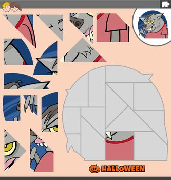 Cartoon illustration of educational jigsaw puzzle game for children with werewolf character on Halloween time