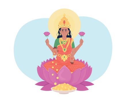 Lakshmi goddess on lotus flower 2D vector isolated illustration. Beautiful Hindu deity flat character on cartoon background. Buddhism colourful editable scene for mobile, website, presentation