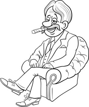 Black and white cartoon illustration of boss or businessman in armchair coloring page