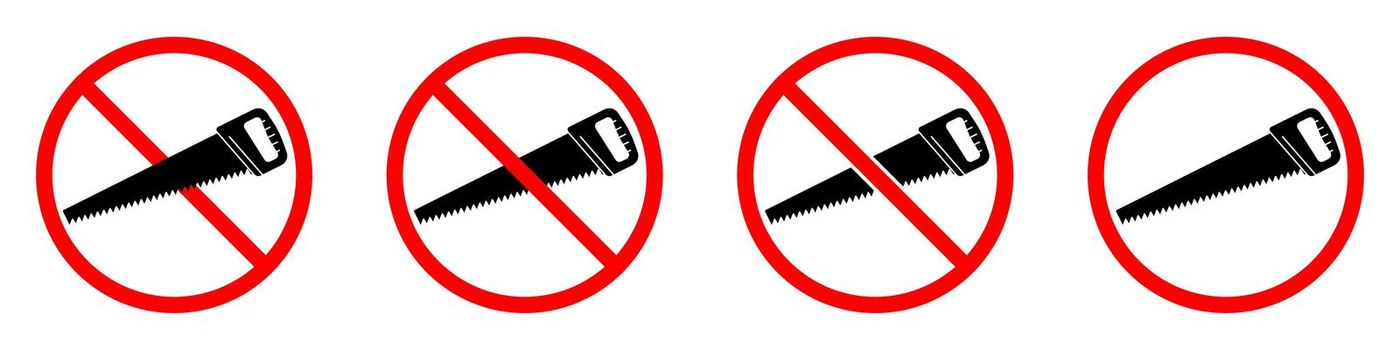 Hand saw ban sign. Hacksaw for wood is forbidden. Set of red prohibition signs of hand saw. Vector illustration