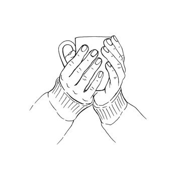 Hand drawn sketch of hands holding a cup of coffee, tea etc. Vector illustration isolated on white background. 