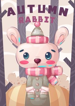 Cartoon character adorable rabbit in autumn forest. Vector eps 10