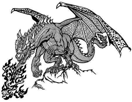 Western Dragon. Classic European mythological creature with bat-type wings standing on the rock and breathing fire. Graphic style isolated vector illustration. Black and white