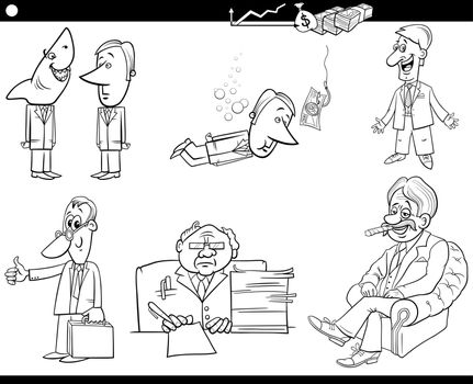 Black and white cartoon illustration of business concepts with funny businessmen characters set