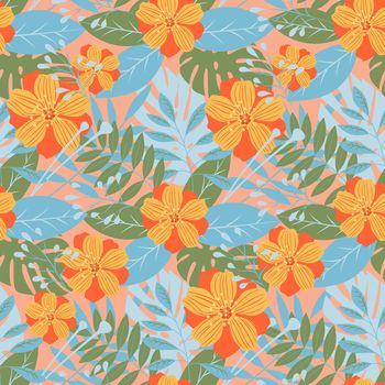 Abstraction from blue and green leaves and orange flowers in a flat style in pastel colors. Seamless vector floral pattern with palm and banana leaves with flowers.Tropical background.