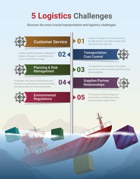 Infographic of problem of Logistics and transportation on a sea background.