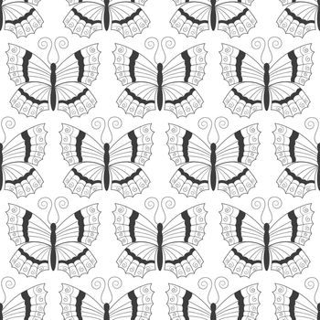Seamless pattern with black silhouettes of butterflies isolated on a white background. Simple monochrome abstract outline design
