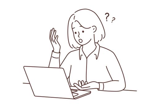 Frustrated woman look at laptop screen shocked with online problem. Unhappy female confused with unexpected notification on computer. Vector illustration.