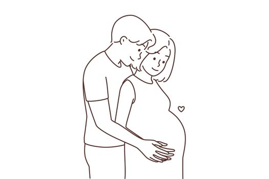 Happy couple excited with pregnancy waiting for baby. Smiling man hugging pregnant woman. Parenthood concept. Vector illustration.