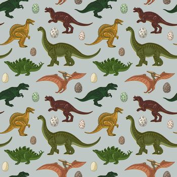 Seamless pattern. Dinosaurs and eggs. Vintage retro style. Vector illustration on a gray background. Surface design. For textiles and packaging, digital paper.