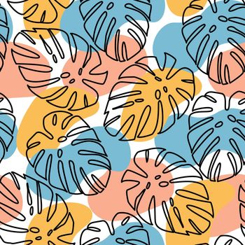 Abstraction from black outlines of palm leaves and hand-drawn spots of beige, blue and orange pastel colors on a white background. Seamless summer vector pattern. Design element for fabric, wrapper.