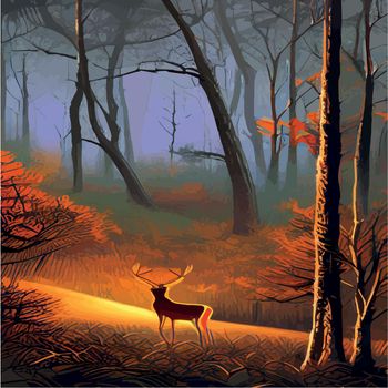 Landscape with dark northern forest and wild deer, vector illustration. Wild animals of the north. Realistic vector landscape. natural background