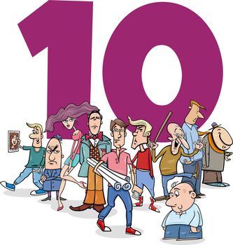 Cartoon illustration of number ten with funny people characters group