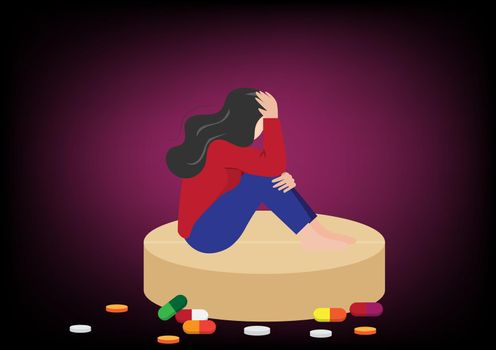 Sad girl and taking pills all the time Cure depression, crying, pain, she sat in despair. vector illustration