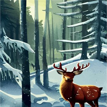 Landscape with dark winter northern forest and wild deer portrait, vector illustration. Wild animals of the north. Realistic vector landscape. natural background
