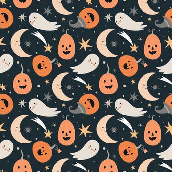 Halloween seamless vector pattern with cute Halloween characters and symbols - ghost, pumpkin, moon, stars.