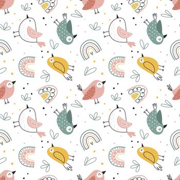 Childish seamless pattern with cute birds and rainbows on a white background. Childish seamless background in the Scandinavian style for fabric, packaging, textile, wallpaper, clothing. Vector illustration