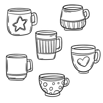 Set of Tea or coffee cup vector doodle hand drawn line illustration. Illustration isolated on white.