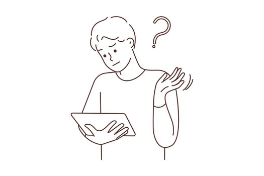 Confused young man look at tablet screen shocked with unexpected error. Frustrated guy unhappy with problem on pad gadget. Vector illustration.