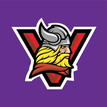 letter v with viking warrior head mascot colorful vector illustration
