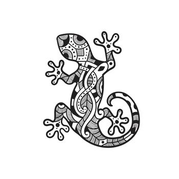 hand drawn Zentangle stylized drawing of a lizard. gecko silhouette covered various simple patterns. Black and white hand drawn doodle vector illustration