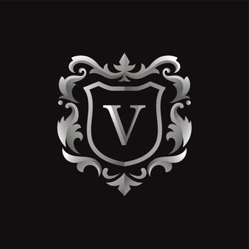 silver or gray with badge initial letter v logo luxury calligraphic vector image