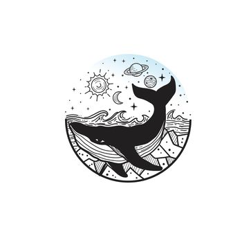 hand drawn whale and planets in solar system. Astronomical galaxy space. Sketch. Engraved style illustration
