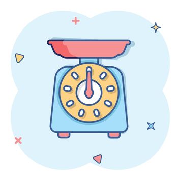 Bathroom weight scale icon in comic style. Mass measurement cartoon vector illustration on isolated background. Overweight splash effect sign business concept.