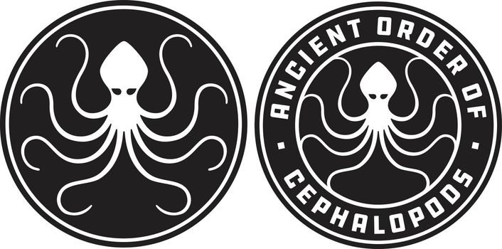 Set of two vector badges showing octopus with 8 curling tentacles spread within a circle.