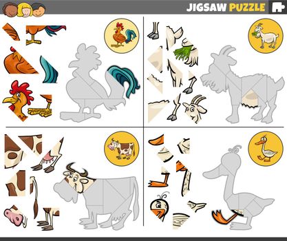 Cartoon illustration of educational jigsaw puzzle tasks set with comic farm animal characters