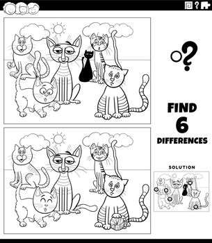 Black and white cartoon illustration of finding the differences between pictures educational game with funny cats animal characters group coloring page