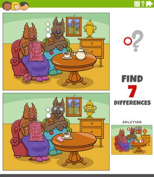 Cartoon illustration of finding the differences between pictures educational game with funny senior dogs couple at home