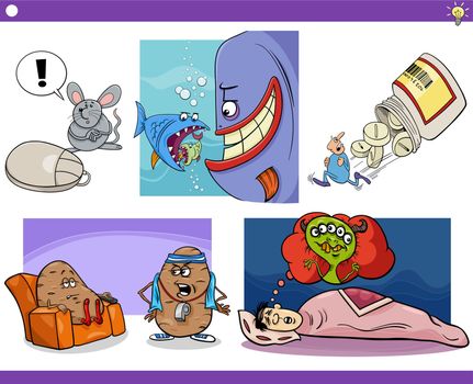 Illustration set of humorous cartoon concepts or metaphors or sayings with comic characters