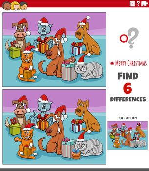 Cartoon illustration of finding differences between pictures educational task with pets on Christmas time with gifts