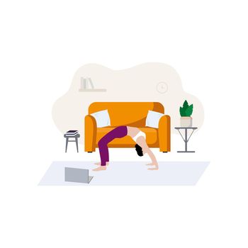 A slender girl does yoga exercises at home. Home interior, sofa and shelves. The concept of a healthy lifestyle, sports activities, and training. Yoga poses. Vector flat cartoon illustration