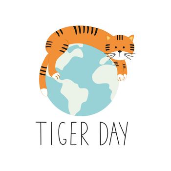 Lettering day of the tiger. Handwritten inscription for the day of the tiger and the tiger's face. Vector illustration of a cartoon. Design of a logo, banner, postcard, advertisement, or booklet.
