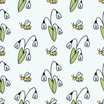 Seamless blue pattern with snowdrops. Spring background for sewing children's clothing, printing on fabric and packaging paper.