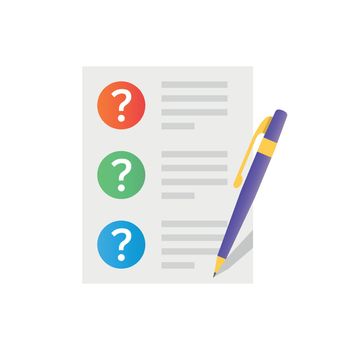 Document with question mark and pen icon in flat style. Quiz survey vector illustration on isolated background. Checklist sign business concept.