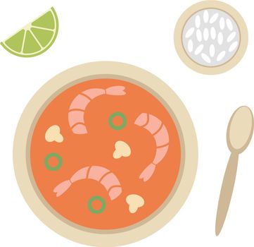 Tom Yum soup, vector. Tom Yum soup, rice, lime and spoon, top view.
