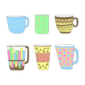Set of cup and mug handdrawn design. Colorfull cup, glass for tea, coffee, water any drinks. Vector illustration isolated on white back
