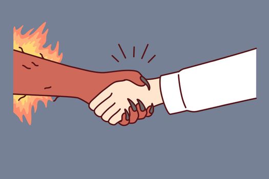 Handshake between man and devil symbolizes risky deal or dangerous business arrangement. Hand of human and demon is metaphor for bad contract or unethical way of managing company. Flat vector image
