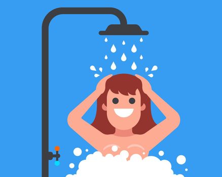 naked girl washes in the shower. morning shower. flat vector illustration.