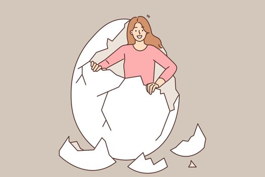 Smiling young woman break shell take out of egg. Happy girl born from egg. Concept of rebirth and new life. Vector illustration.