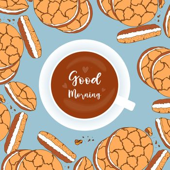 Good Morning card with coffee and cookie hand drawn doodle. Vector illustration