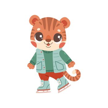 Cute tiger ice skating isolated. Sport and leisure concept illustration. Vector illustration