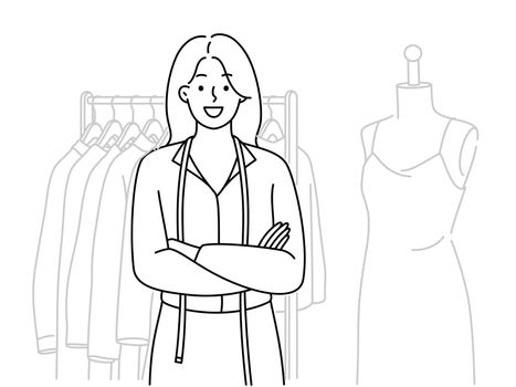 Smiling young woman designer standing near clothes collection on rack. Happy female dressmaker or seamstress posing near apparel in workshop. Vector illustration.